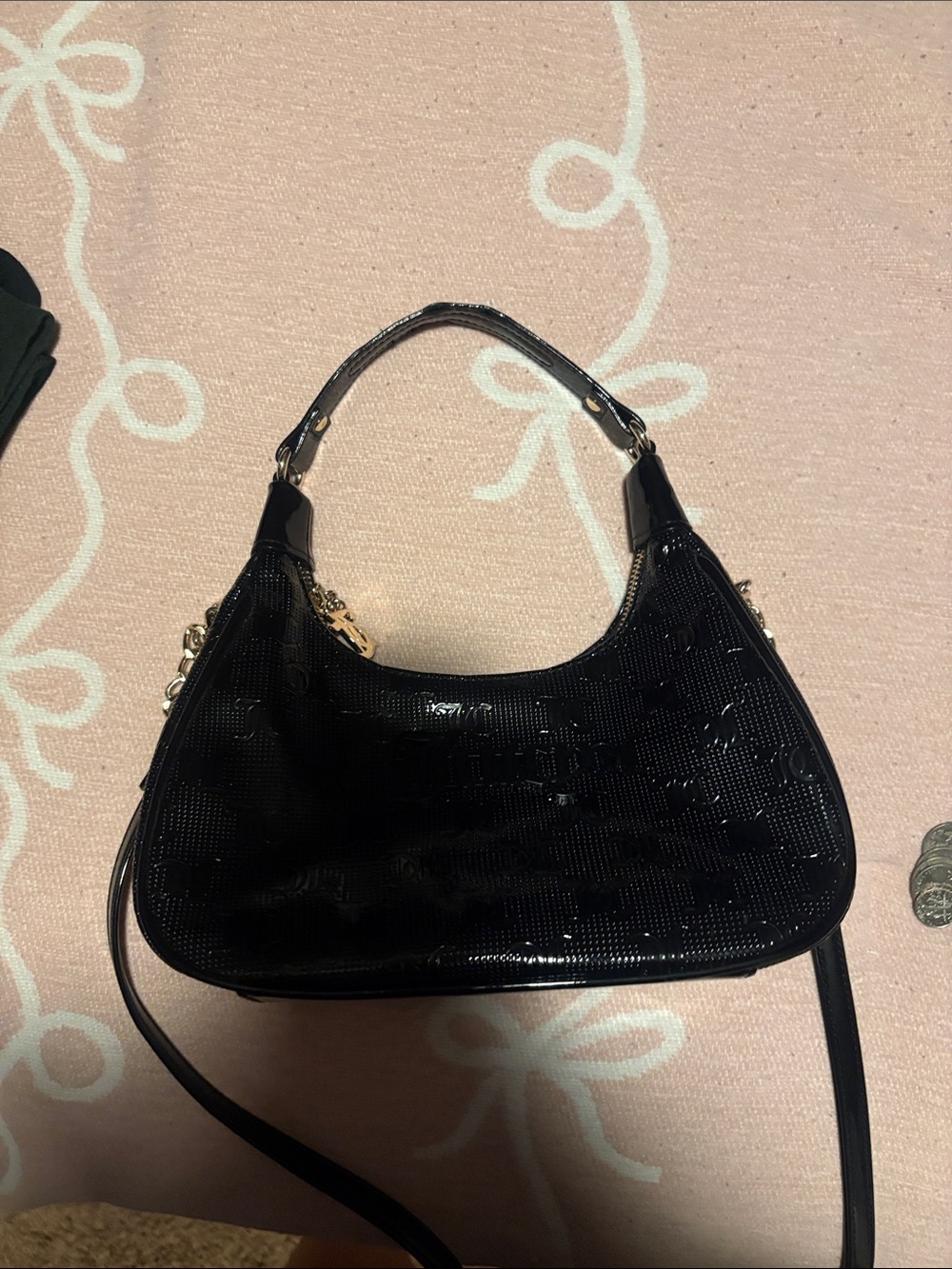 Black Patent Shoulder Bag with Gold Accents